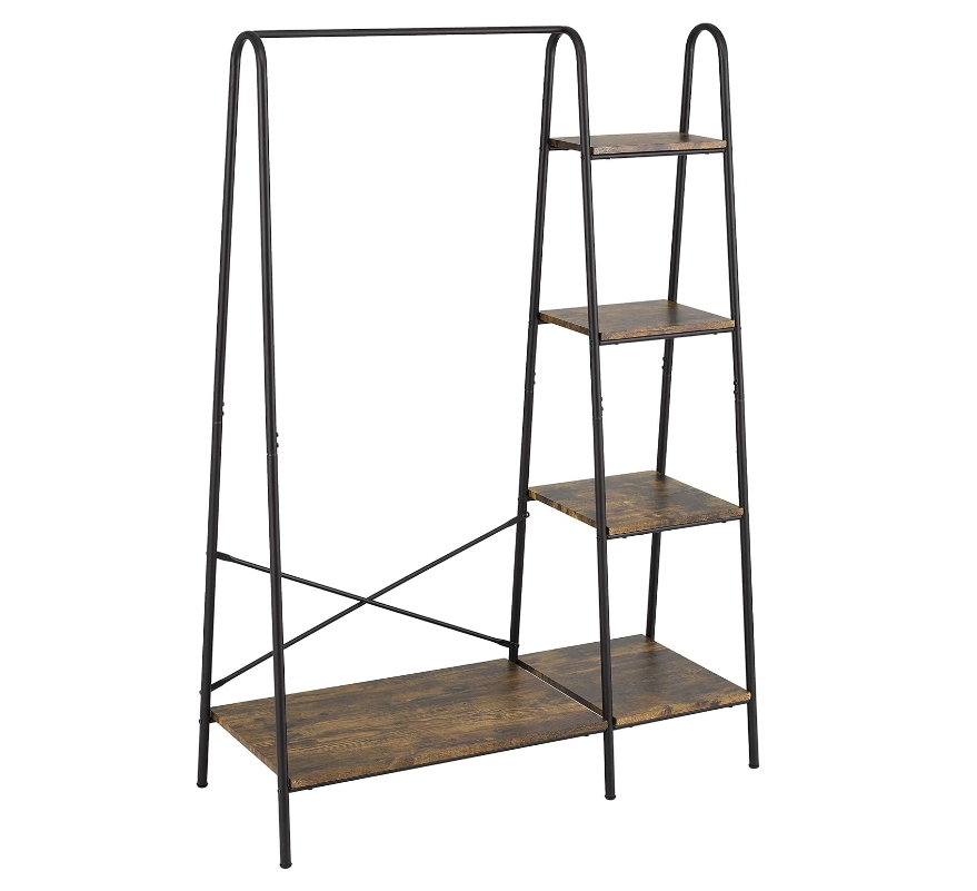 Rustic Heavy Iron Freestanding Garment Rack 4 Wood Shelves Portable Organizer for Bedroom/Entryway Living Room Hanging Clothes