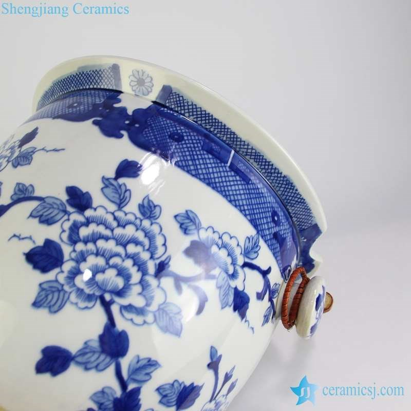 Rylu132 Blue and White Flower Bird Pattern Ceramic Bucket with Bamboo Handle