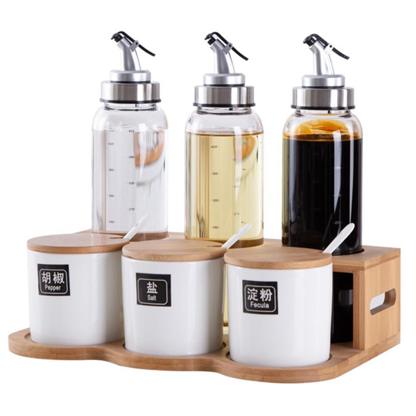 Kitchenware Bamboo Ceramic Condiment Seasoning Jar Glass Oil Bottle Storage Set