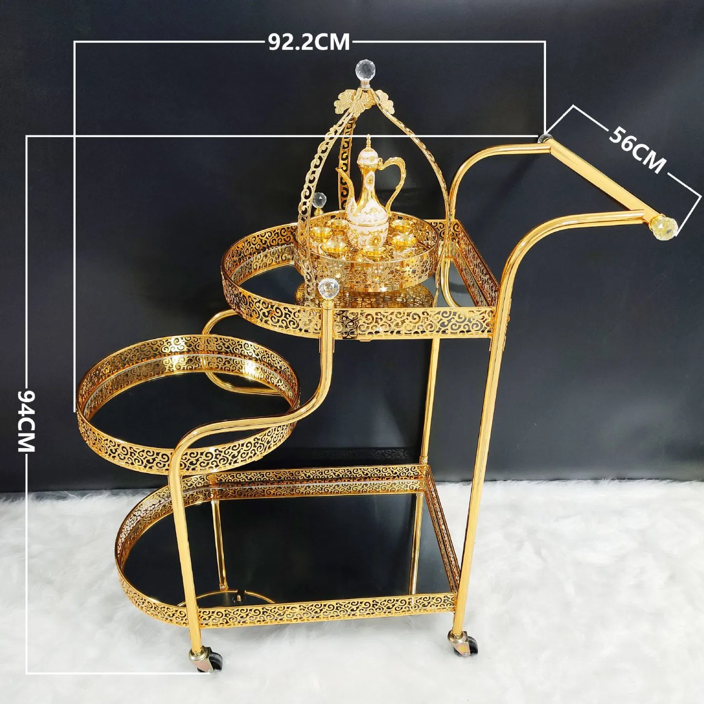 Hotel Dining Cart Golden Party Wedding Banquet Wine Cart Metal Handcart