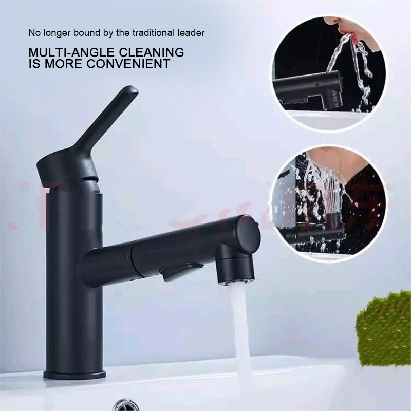 Black Matte Double Outlet Wash Basin Brass Basin Multifunctional Mixers Taps Faucet 2 Holes Kitchen Pull out