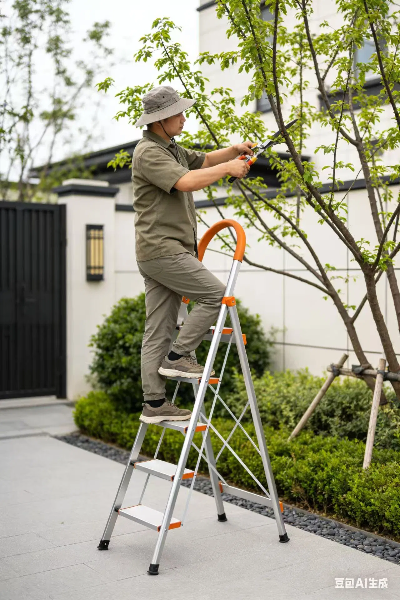 D-Shaped Armrest Ladder Household Aluminum Folding Ladder (with anti-slip foot pads, black pedals, and handrails)
