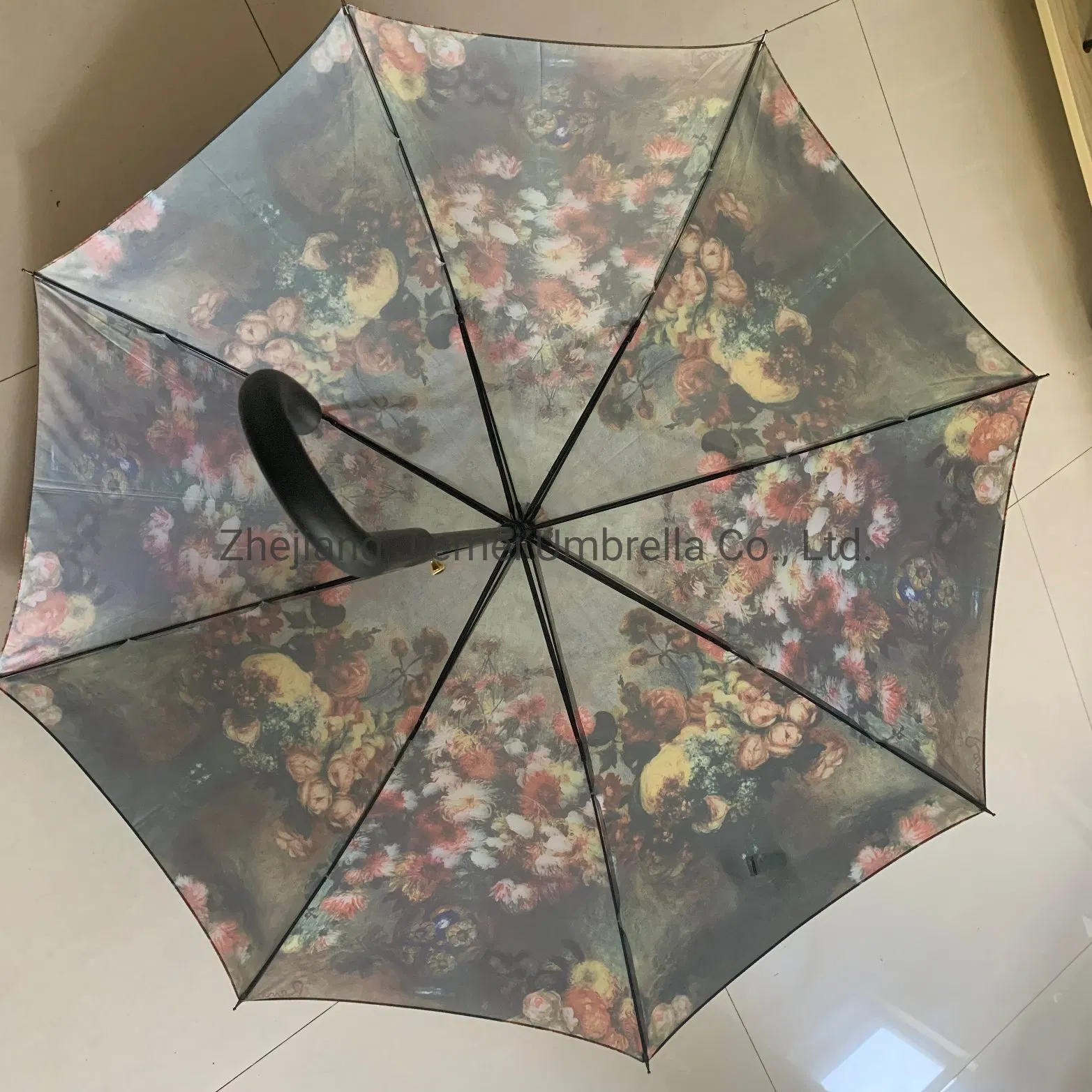 Full Printing Flower Spring Color Frame 27 Inch Curved Handle Straight Umbrella