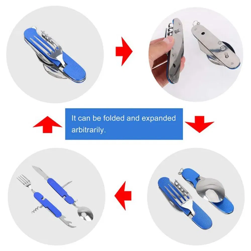 Portable 6-in-1 Detachable Folding Outdoor Camping Tableware Set Tactical Stainless Steel Travel Spoon