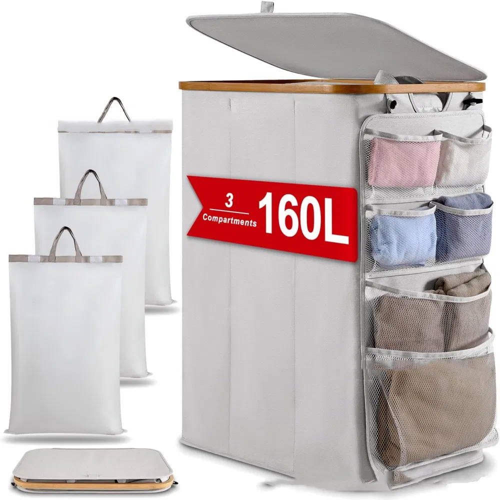 Home Dirty Clothes Basket, Bamboo and Wood Handle with Cover Storage Basket, Dirty Clothes Basket