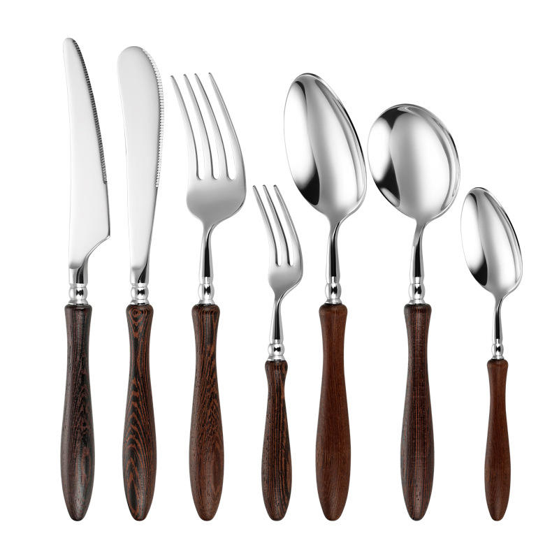 Round Handle 304 Stainless Steel Walnut Knife, Fork and Spoon. Hotel Restaurant Rosewood Western Cutlery, Dessert Spoon and Tableware.