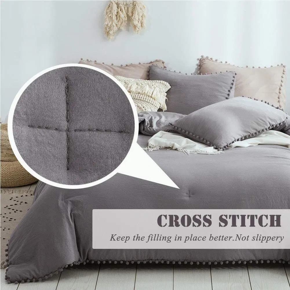 Lightweight Warm Super Soft Bedding Set with Fringwe Washed Brushed Microfiber Inner