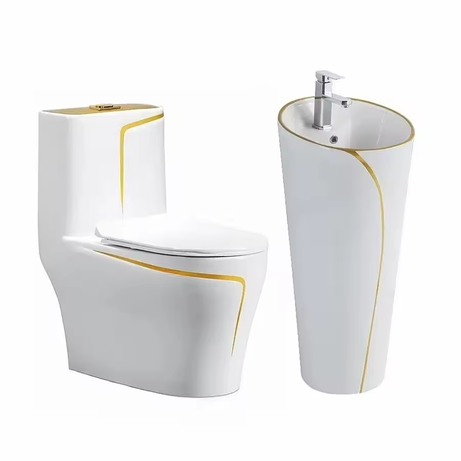 Luxury Ceramic Sanitary Ware Toilet Suits Gold Line Bathroom Sinks One Piece Toilet Bowl Water Closet Commode Toilet Set