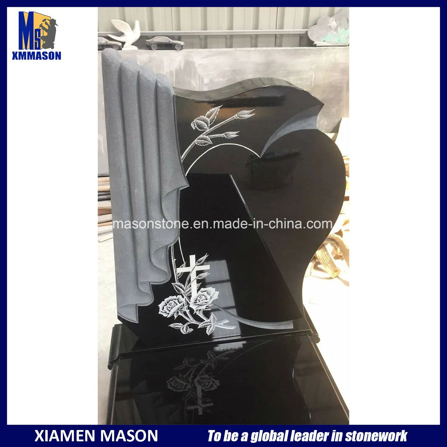 Heart Design Absolutely Black Granite Tombstones Wholesale