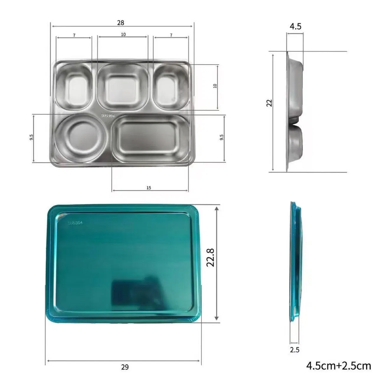 304 Stainless Steel Plate - Indonesian Food Containers, School Canteen Trays, Deep Five-Compartment Food Boxes with Lids