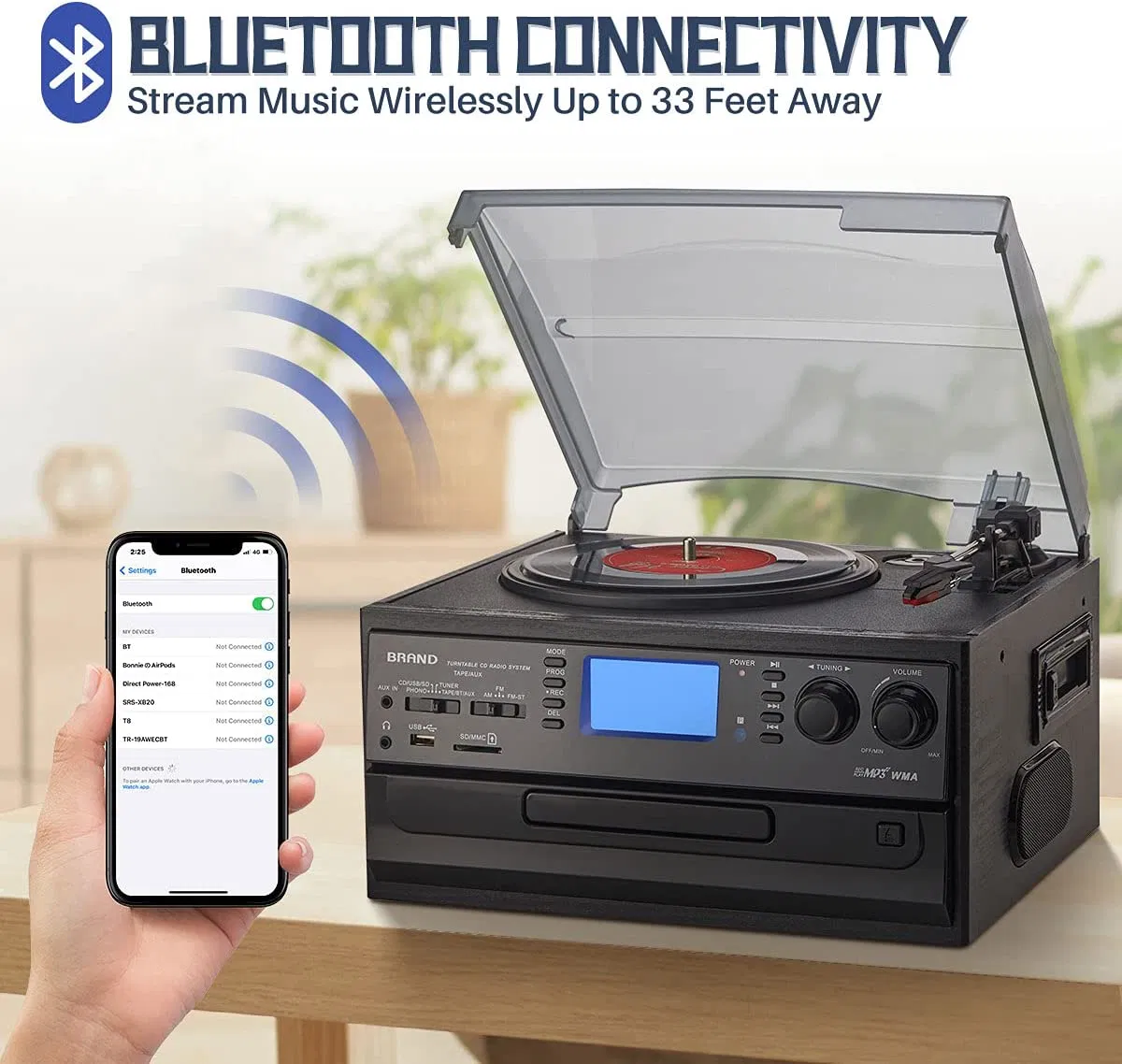10-в-1 виниловый проигрыватель с Bluetooth, CD и кассетой