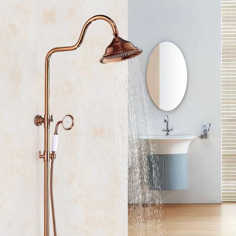 a Complete Shower System in The Bathroom, with Antique Brass Shower Faucets