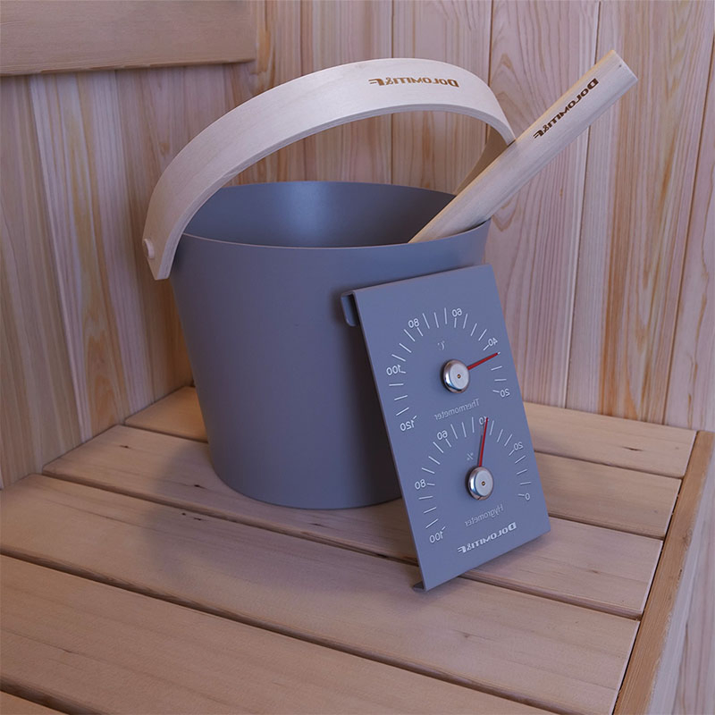 Sauna Accessory Essentials 4-Piece Bucket Ladle Thermo-Hygrometer & Sand Timer