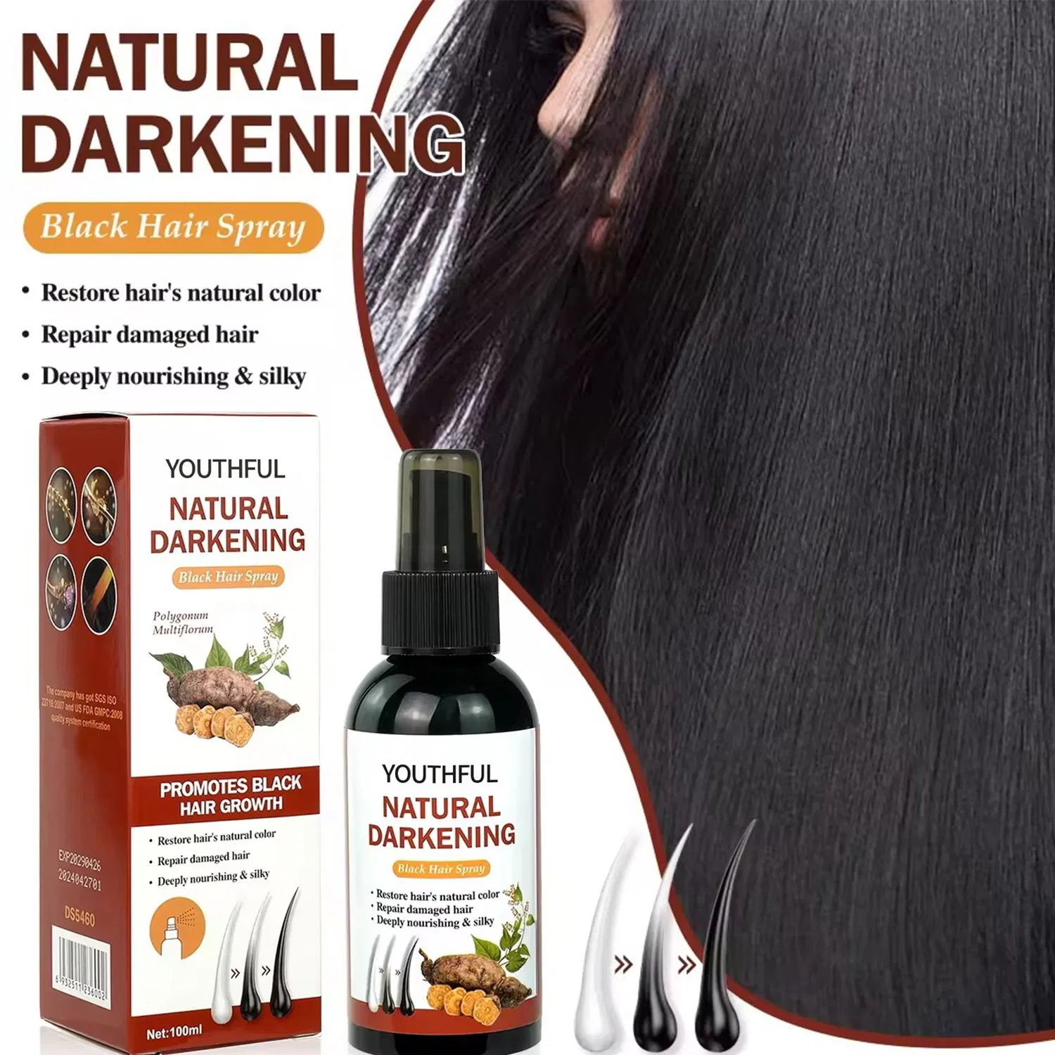 Polygonum Multiflorum Black Hair Spray with Castor Seed Oil Nourishing Silky