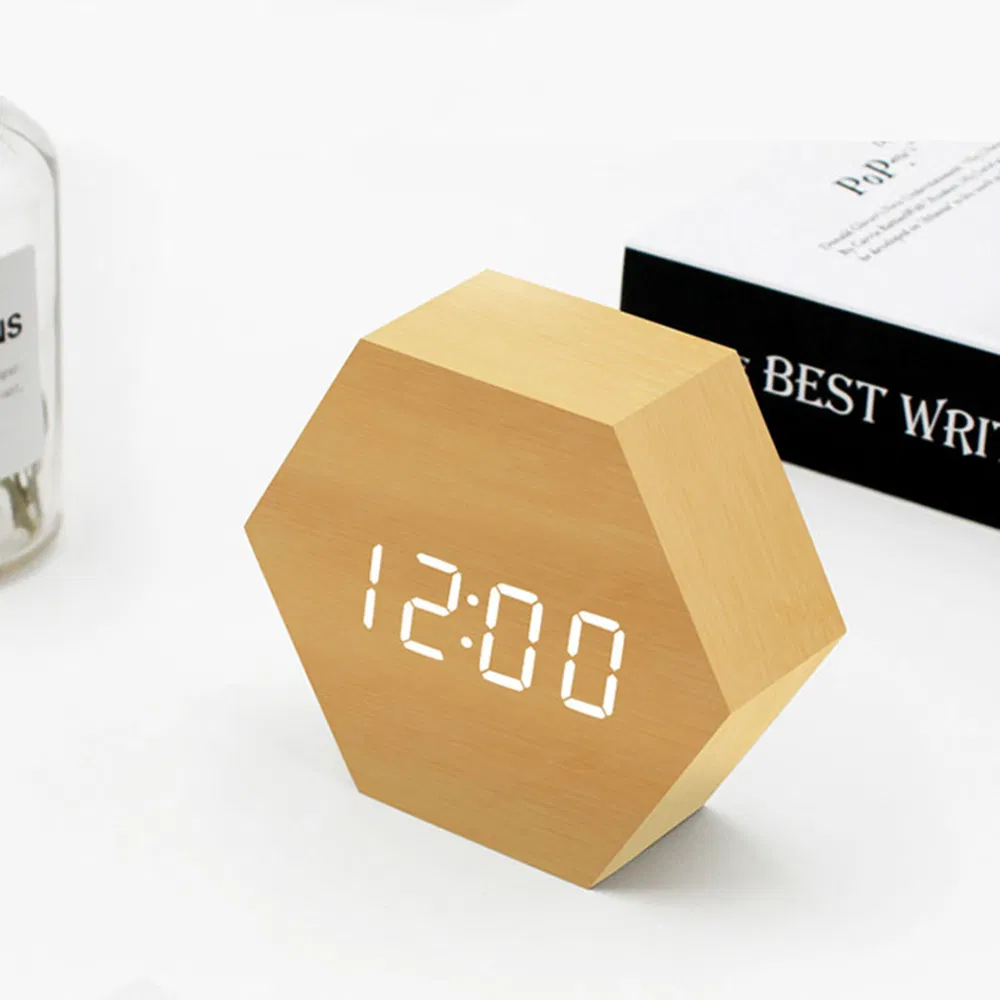 Sexangle Wood LED Alarm Clock Student Alarm Clock