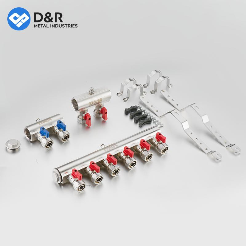 D&R Factory Manufacture High Quality Water Ball Valve Brass Floor Heating Manifold Brass Manifold 2/3/4/5/6 Way Brass Manifold