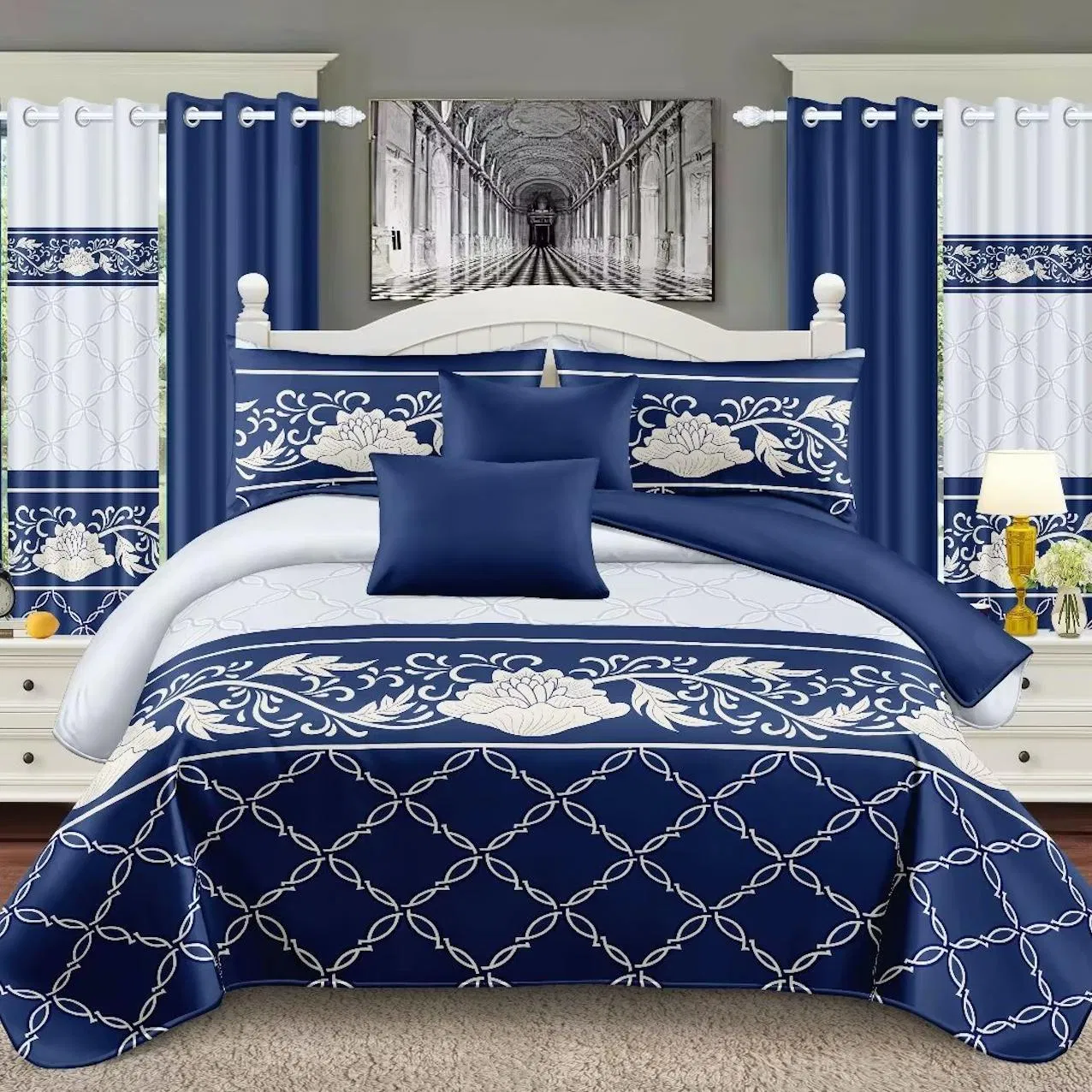 Grey Floral Printing Polyester Bed Cover Curtains Pillowcases 11PCS Bedding Set Microfiber Home Hotel Textile ODM/OEM Plant Quilted Bed Sheets Bedspread