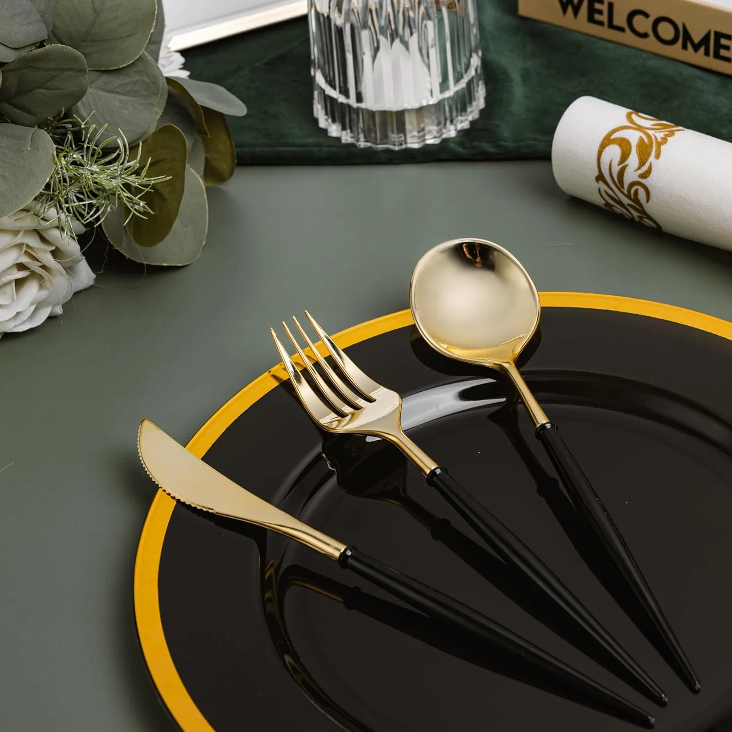Gold Plastic Cutlery Set with Black Handle Fancy Plastic Silverware, Heavy Duty Spoons, Forks, Knives for Halloween and Everyday Use
