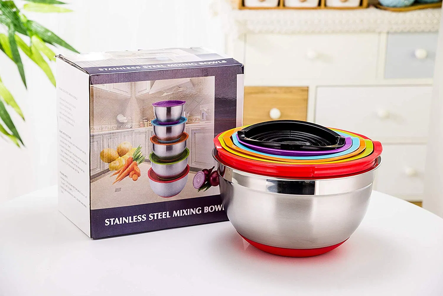 Colorful Stainless Steel Mixing Bowl Set with Colorful Silicone Bottom