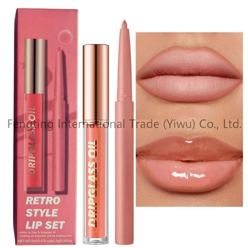 Acceptable Logo High Quality 2-Piece Long-Lasting Non Fading Waterproof Non Stick Cup Fading Lip Liner Pencil Lip Gloss Set