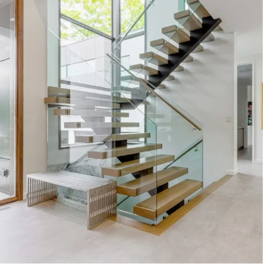 L Shape Solid Wood Straight Metal Staircase with Tempered Glass Railing Design