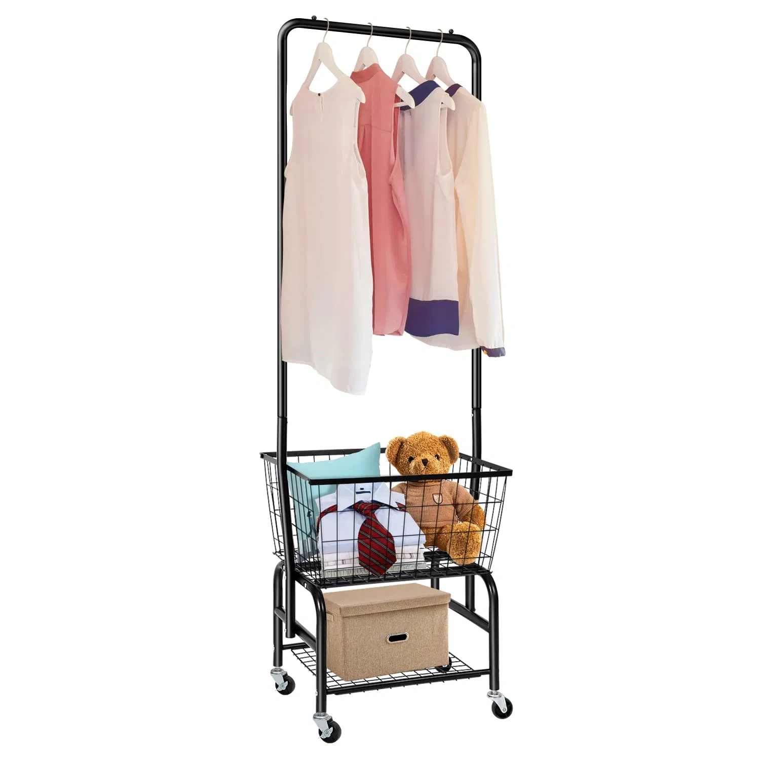 Laundry Cart with Wheels and Hanging Rack, Rolling Laundry Basket with Clothes Rack