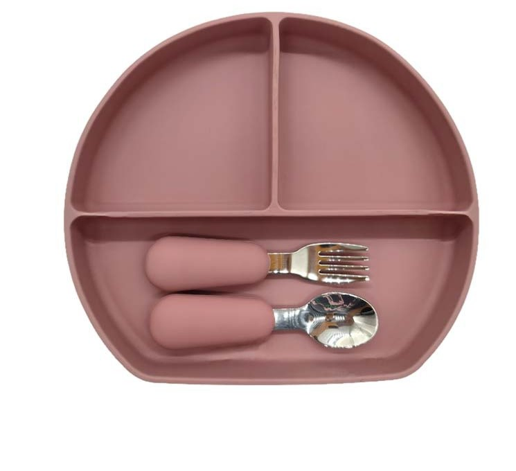 100% Food Grand Divided BPA Free Microwave Safe Baby Silicone Three-Compartment Plate with Stainless Steel Spoon and Fork