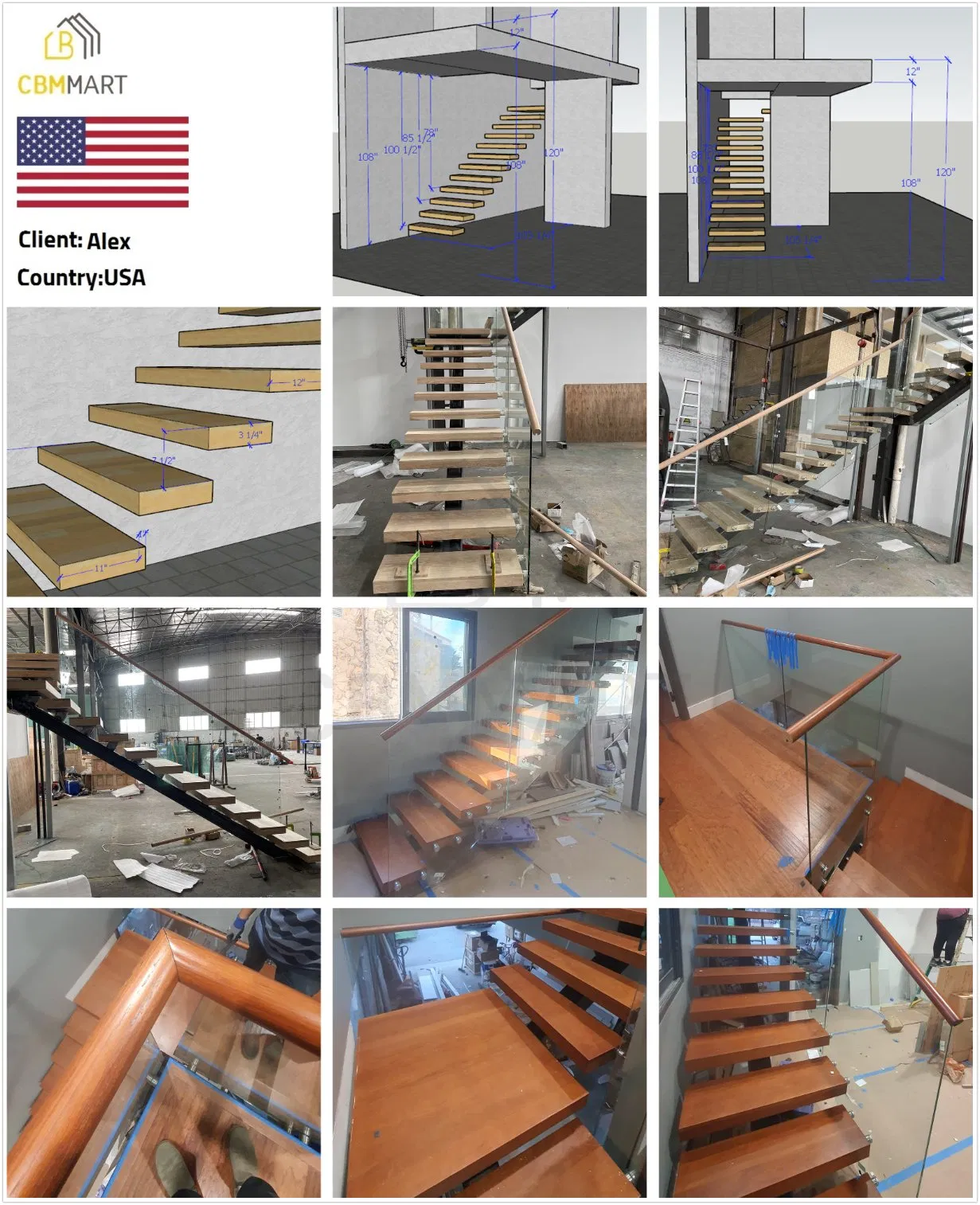 Cbmmart Modern Indoor Straight Stairs with Wood Streads Glass Railing Design