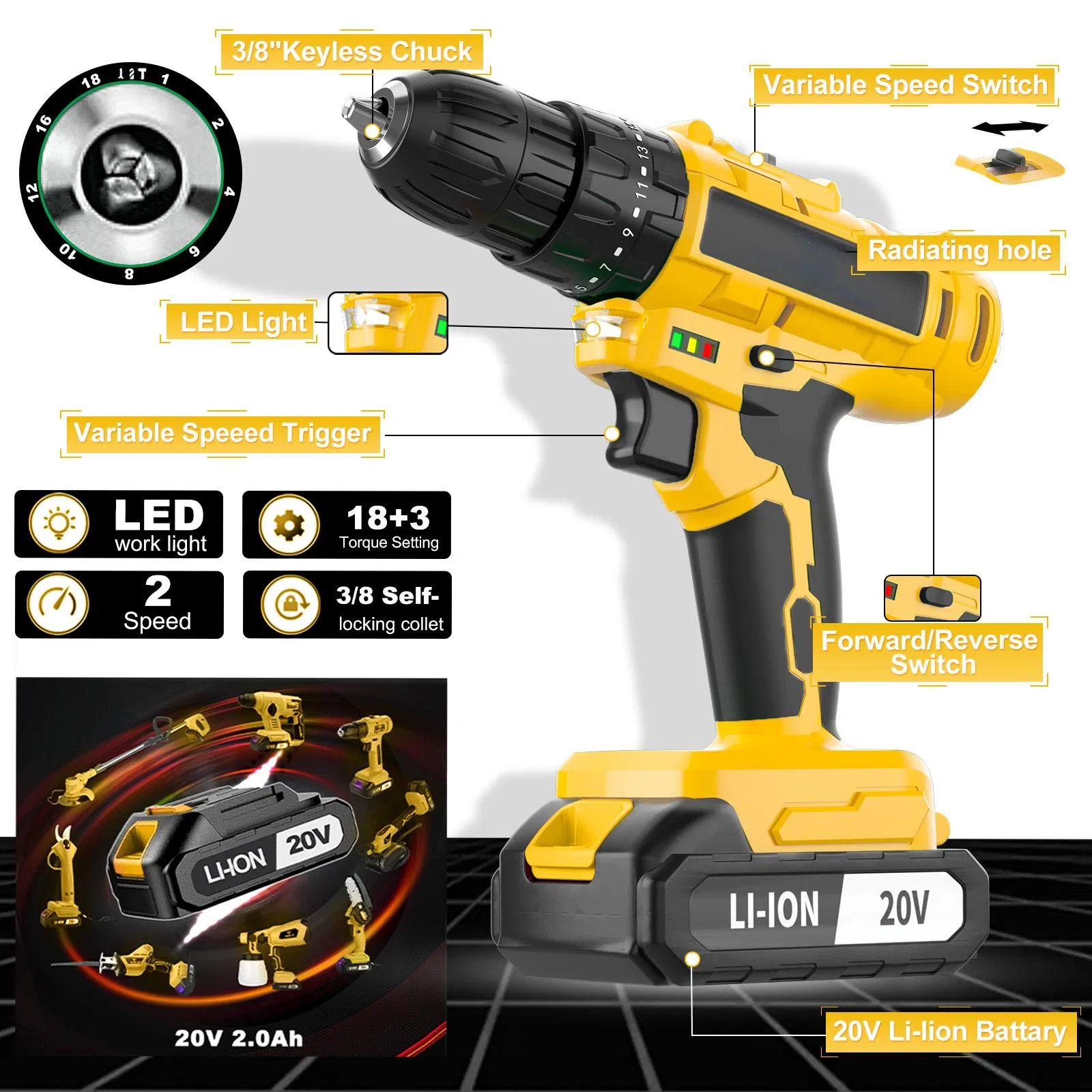 20V Cordless Impact Keyless Chuck Electric Screwdriver Set