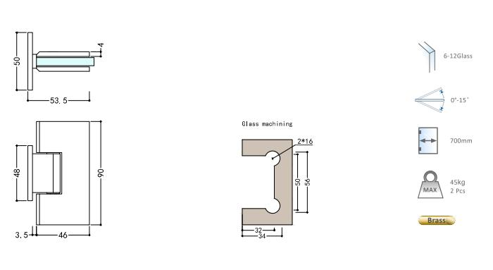 Glass to Wall Mount Short Back Plate 90° Brass Shower Hinge for Shower Room