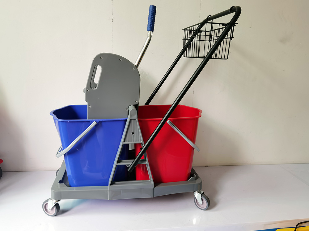 Factory Supply Down-Press Multi-Function Double Mop Bucket Wringer Trolleys with Basket
