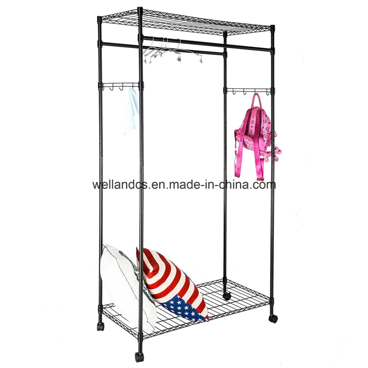 Heavy Duty 2 Tiers DIY Space Save Steel Clothes Wardrobe Rack with Wheels