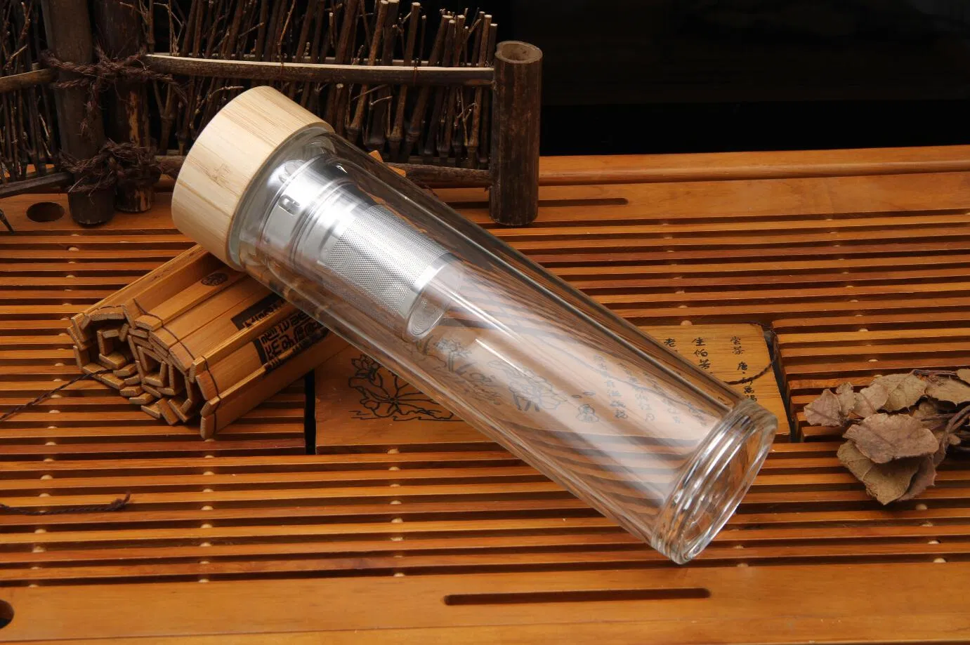 Термостакан двойной стенки с бамбуковой крышкой, 550 мл