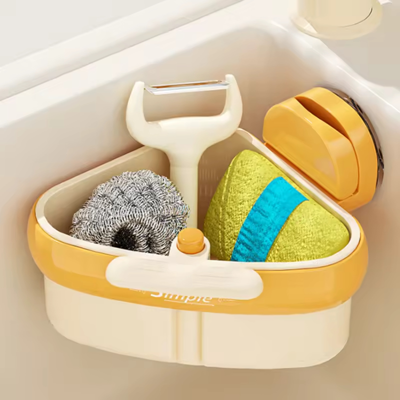 Triangle Sink Suction Cup Storage Rack, ABS Drain Basket for Food Residue Filtration, One-Touch Press-Release Strainer for Kitchen Sinks