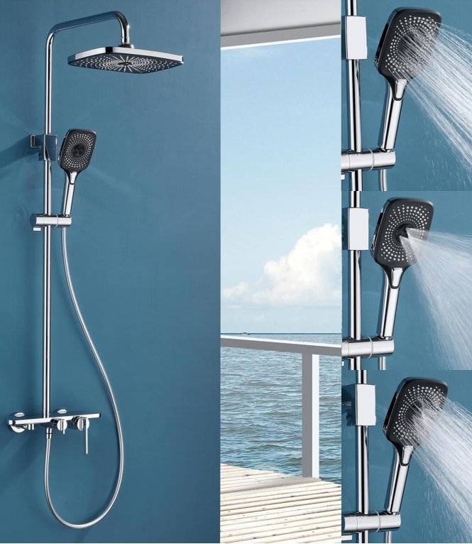 Single Handle Level Exposed Chrome Brass Bathroom Bath Bar Shower Panel Enclosure Shower Head Bathtub Faucet Mixer Set Shower Faucet with Hand Rain Shower.