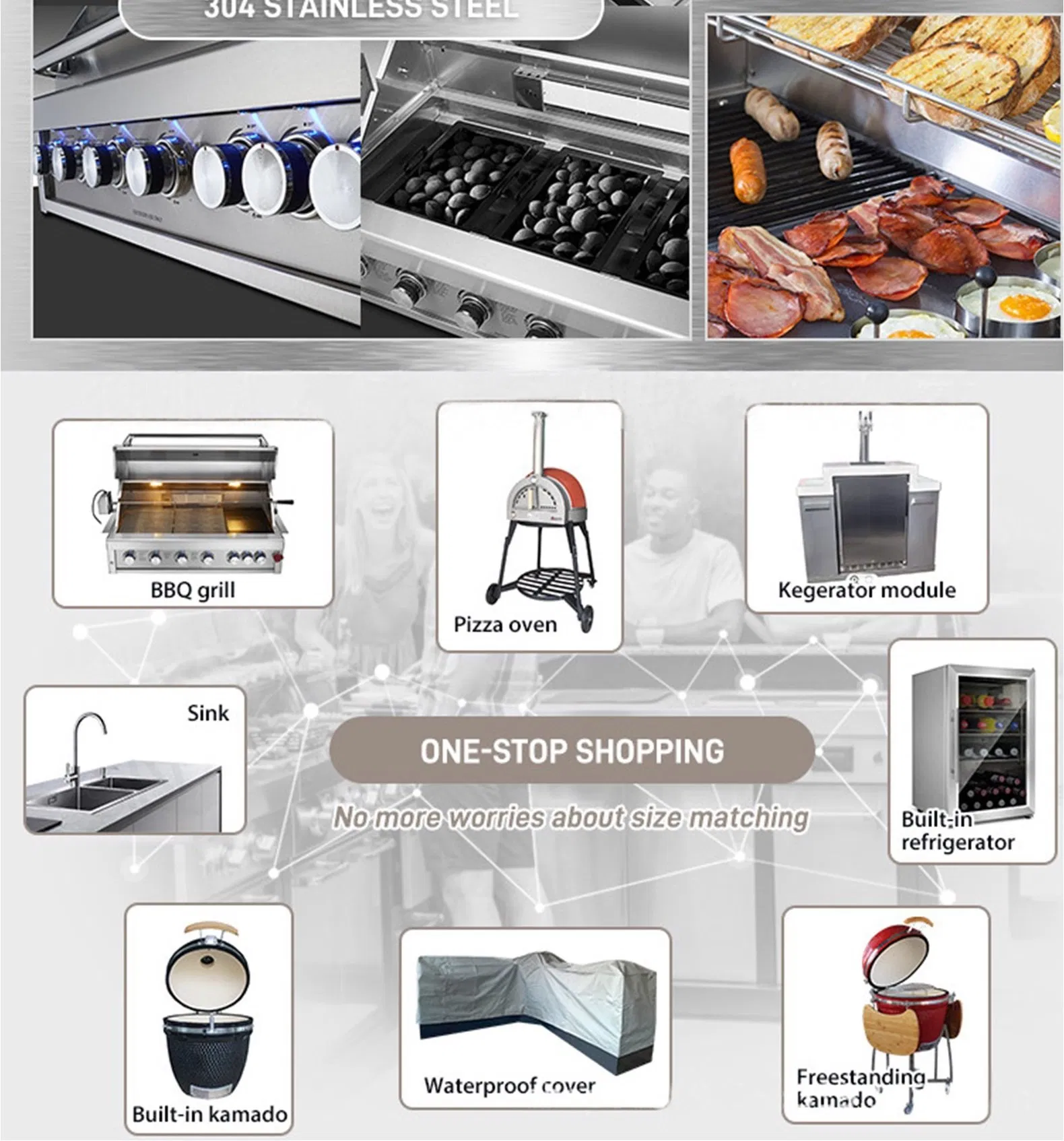 SS304 Outdoor Kitchen Modular-Style Combinations BBQ Pizza Oven Kamado Grill Refrigerator Sink Gas Grill Courtyard Barbeque