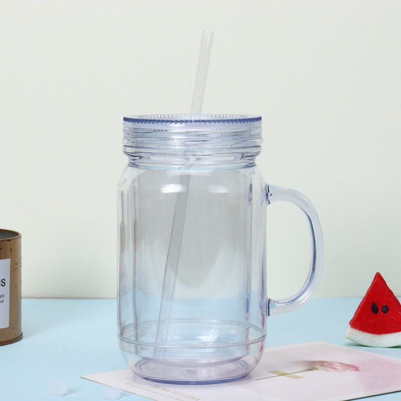 Transparent Clear Drinking Water Bottle 20oz Pre-Drilled Snow Globe Mason Jar Acrylic Plastic Double Wall Cup with Handle