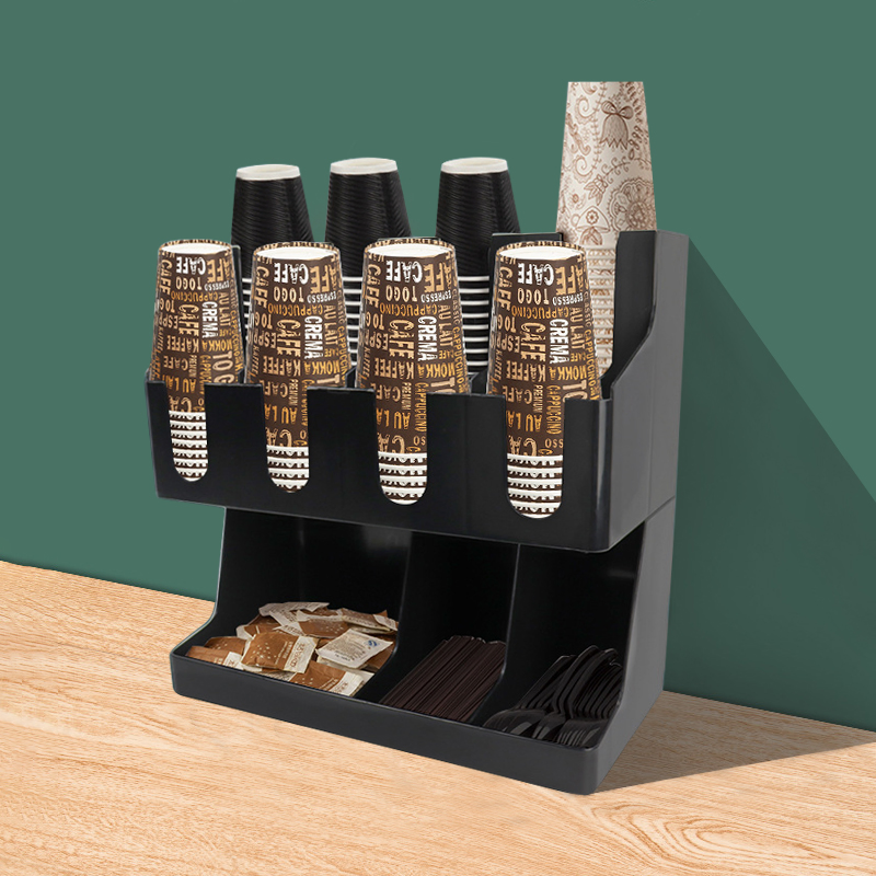 Coffee Cup Dispenser and Lid Holder with Straw and Condiment Pockets