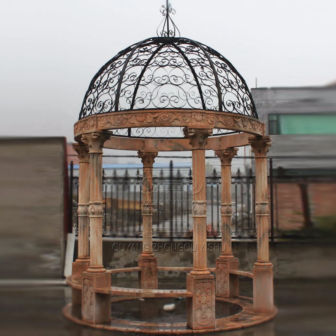 Sunset Red Garden Decoration Marble Gazebo Sculpture with Corinthian Columns