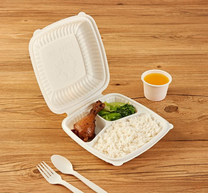 Take Away Packaging Disposable Biodegradable Food Containers 3 Compartment Clamshell