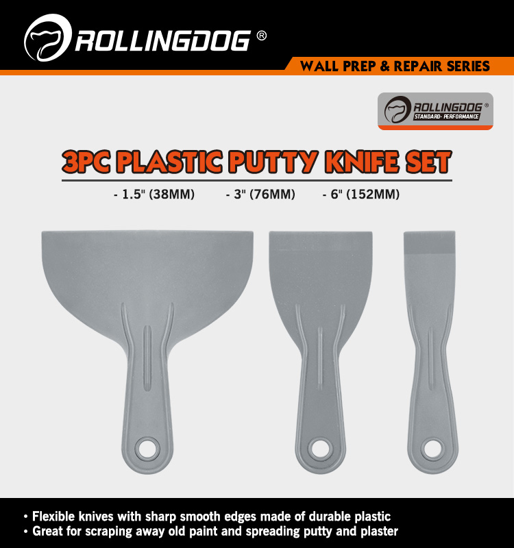 Rollingdog-Standard 50310g 3PC Plastic Putty Knife Set Scrap Paint and Spread Putty and Plaster.