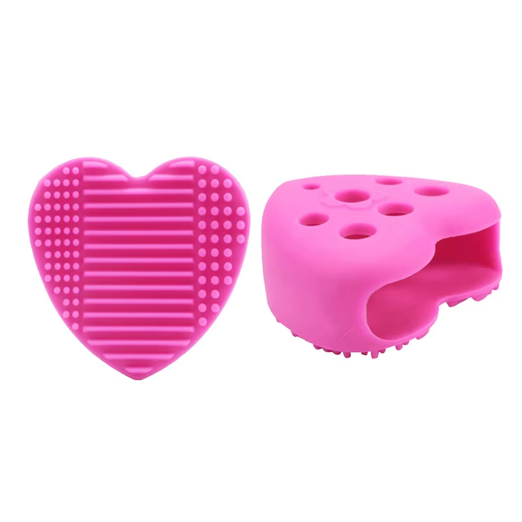 2024 New Sales Heart Shape Portable Makeup Brush Cleaner Mat 3 in 1 Silicone Makeup Tools for Home Travel Makeup Cleaning
