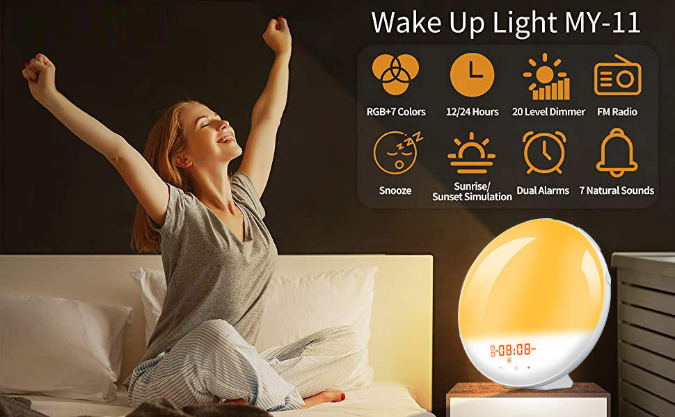 Smart Sleep Wake-up Light Sunrise Alarm Clock Colored Sunrise and Sunset Simulation, 7 Natural Sounds, FM Radio & Reading Lamp