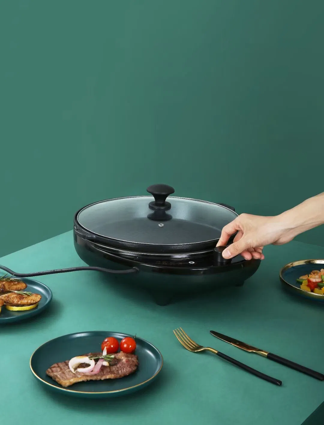 Aluminium Cookware Electric Pizza Pan Round with Glass Lid 35cm