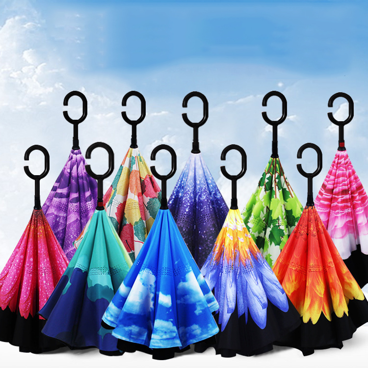 Outdoor Customized Creative Strip Pattern C Handle Umbrella Auto Rain Reverse Umbrella