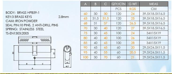 10 Pins Lock Cylinder "F" Keyway
