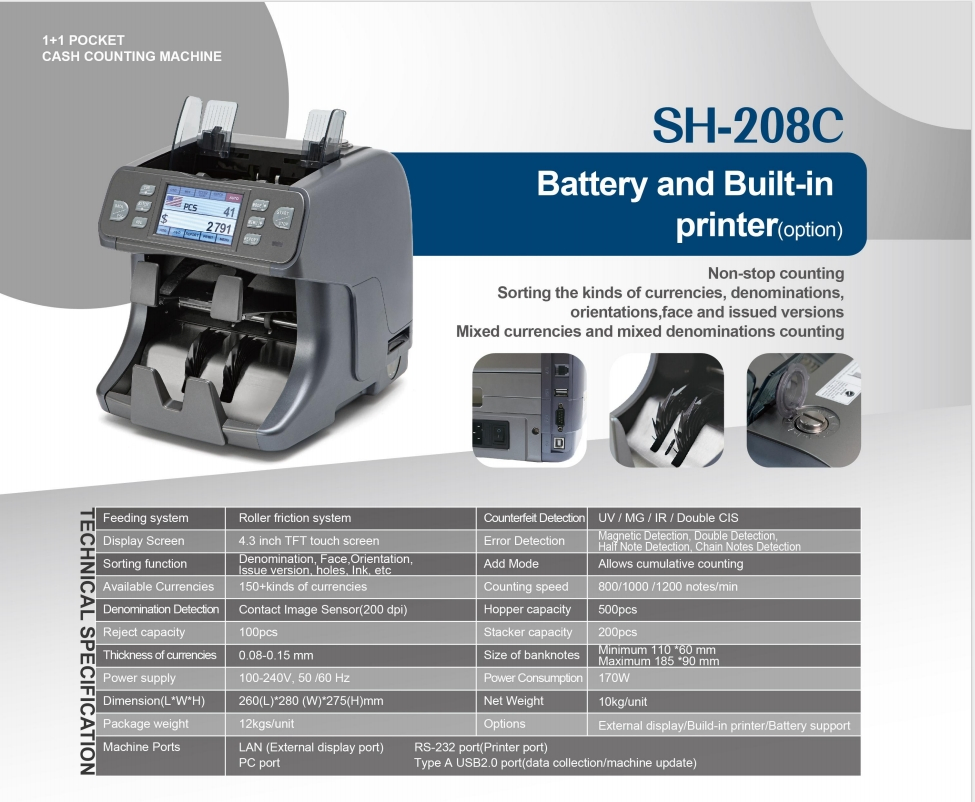 Sh-208c Cash Counting Machine with Built-in Printer and Lithium Battery for Wholesale