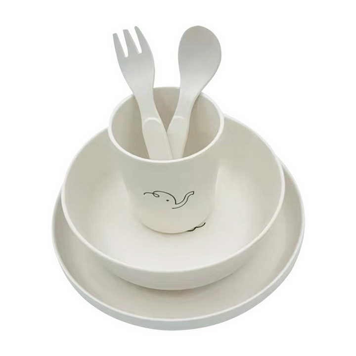 Bamboo Fiber Children Spork Spoon Dinner Plate Cup 5 Pieces Tableware Set