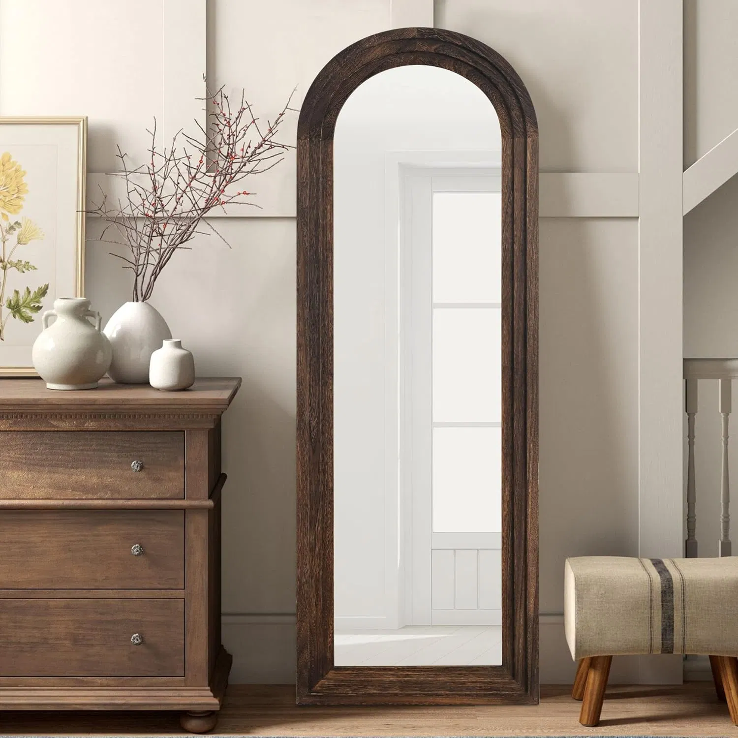 Arched Floor Mirror Wood Frame Wall Mounted Mirror Distressed Style Wide Frame Dressing Make up Mirror for Bathroom/Bedroom/Living Room/Dining Room/Entry