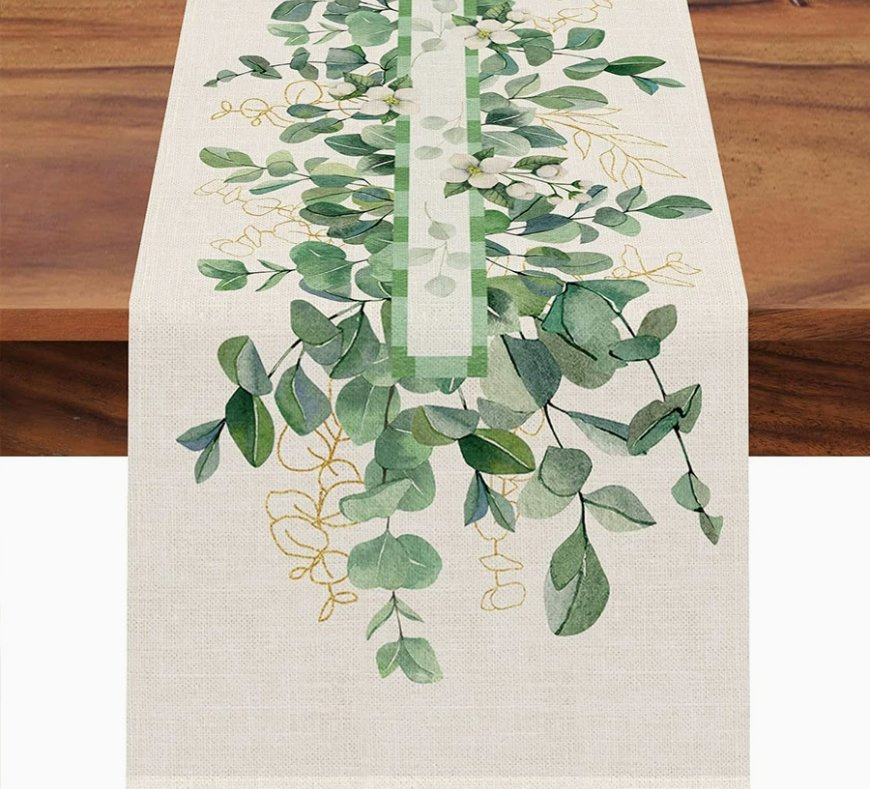 100% Polyester Green Leaves Transfer Print Table Runner - MOQ 10